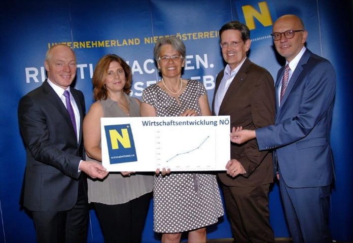(v.l.n.r.): ecoplus-Geschäftsführer Helmut Miernicki, tecnet-Geschäftsführerin Doris Agneter, Landesrätin Petra Bohuslav, Christoph Madl (Geschäftsführer NÖ Werbung) und Georg Bartmann (Leiter Abteilung Wirtschaft, Tourismus & Technologie im Land NÖ) freuen sich über das starke Wachstum in Niederösterreich (Bildquelle: Thomas Resch) (v.l.n.r.): ecoplus-Geschäftsführer Helmut Miernicki, tecnet-Geschäftsführerin Doris Agneter, Landesrätin Petra Bohuslav, Christoph Madl (Geschäftsführer NÖ Werbung) und Georg Bartmann (Leiter Abteilung Wirtschaft, Tourismus & Technologie im Land NÖ) freuen sich über das starke Wachstum in Niederösterreich (Bildquelle: Thomas Resch)