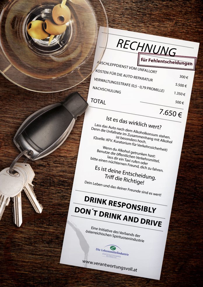 Poster warnt mit Rechnungsdarstellung eindringlich vor möglichen Folgen von Autofahrten unter Alkoholeinfluss (Bildquelle: Fachverband der Lebensmittelindustrie) Poster warnt mit Rechnungsdarstellung eindringlich vor möglichen Folgen von Autofahrten unter Alkoholeinfluss (Bildquelle: Fachverband der Lebensmittelindustrie)