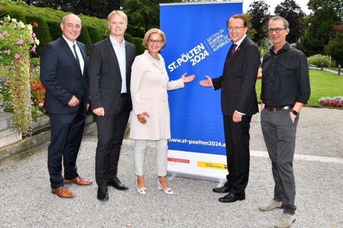 (v.l.n.r.): Vizebürgermeister Matthias Adl, Geschäftsführer Michael Duscher, Landeshauptfrau Johanna Mikl-Leitner, Bürgermeister Matthias Stadler und Professor Rudolf Scheuvens (Bildquelle: NLK Reinberger) (v.l.n.r.): Vizebürgermeister Matthias Adl, Geschäftsführer Michael Duscher, Landeshauptfrau Johanna Mikl-Leitner, Bürgermeister Matthias Stadler und Professor Rudolf Scheuvens (Bildquelle: NLK Reinberger)