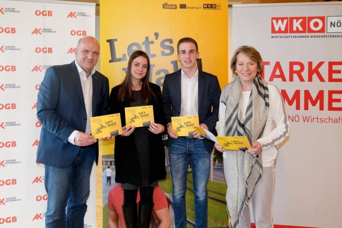 (v.l.n.r.): AK NÖ-Präsident Markus Wieser, Celina-Christina Stich, Michael Rauchecker und WKNÖ-Präsidentin Sonja Zwazl (Bildquelle: Josef Bollwein) Sozialpartner-Initiative „Lets’s Walz“ stärkt Persönlichkeit der NÖ Lehrlinge