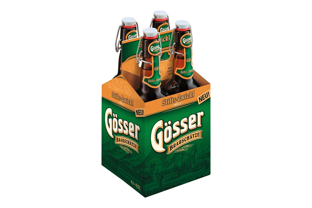 Gösser Brauschätze: das Helle Stifts-Zwickl aus dem Stift zu Göss (4er Träger) (Bildquelle: Brau Union Österreich)