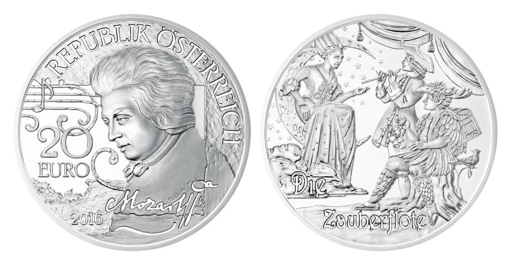 Abbildung der Wert- und Bildseite der neuen 20-Euro-Silbermünze Mozart: Der Mythos (Bildquelle: Münze Österreich AG / Michael Stelzhammer)