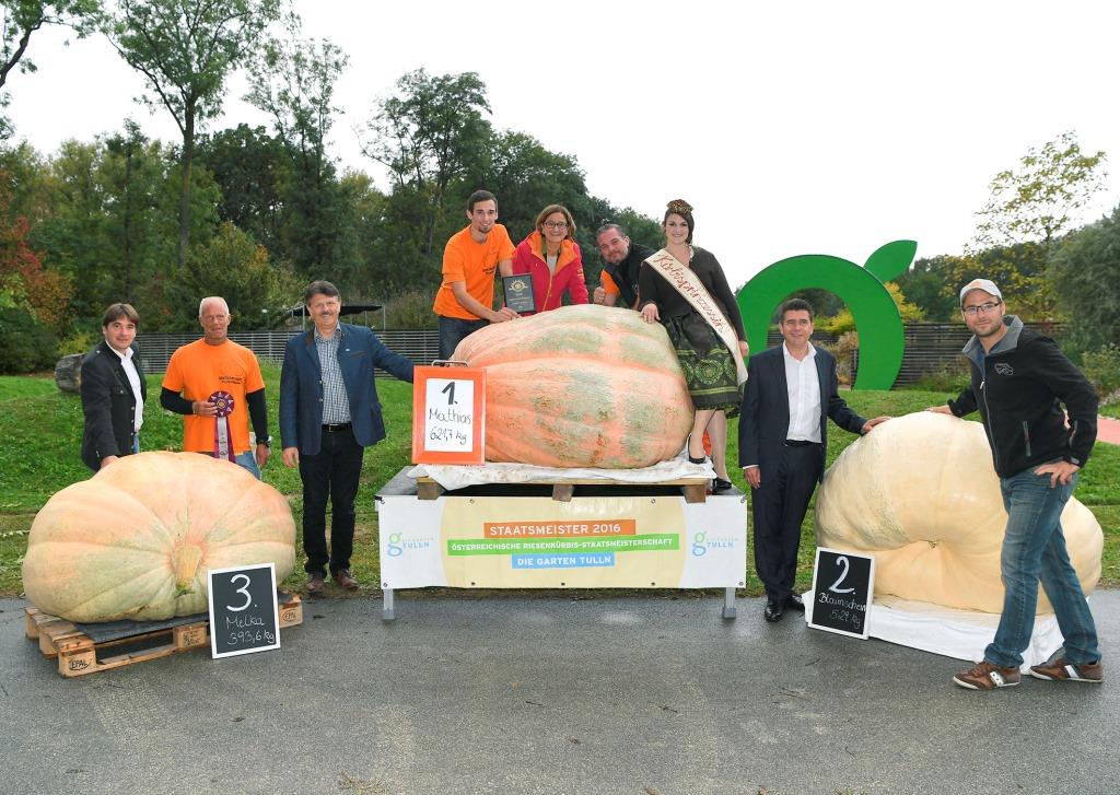 (v.l.n.r.): Franz Gruber, MSc (Geschäftsführer der Garten Tulln), Friedrich Melka (Rang 3), Ing. Andreas Freistetter (Präsident der Landarbeiterkammer Niederösterreich), Sieger Franz Mathias, LH-Stellvertreterin Johanna Mikl-Leitner, Mario Jaglarz (Europarepräsentant der Great Pumpkin Commonwealth), Kürbisprinzessin Patricia, Tullns Bürgermeister Mag. Peter Eisenschenk und Karl Blaimschein (Rang 2). (Bildquelle: NLK Reinberger)