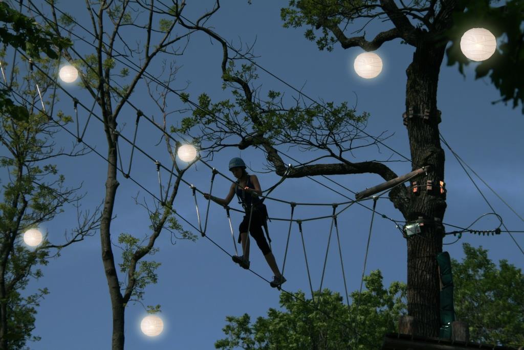 Auf bis zu 20 m Höhe kann in den von vielen hunderten Lampions beleuchtet Baumwipfeln geklettert werden. (Bildquelle: HOCH4 Erlebniswelt Leopoldsberg Betriebs GmbH / Knoth)