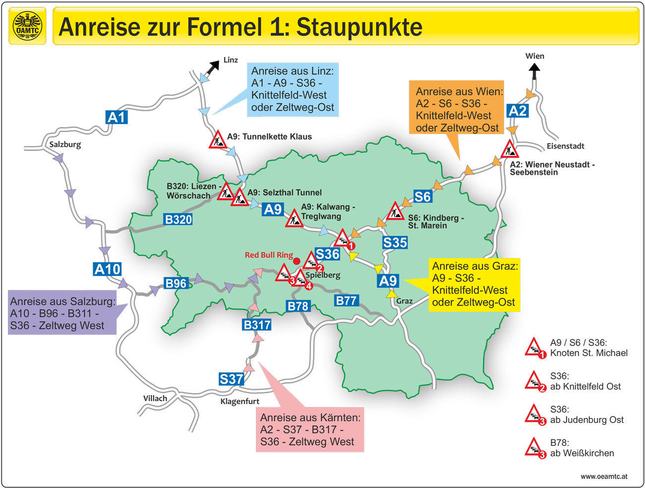 ÖAMTC-Grafik der Staupunkte bei der Anreise zur Formel 1 in Spielberg (Bildquelle: ÖAMTC)
