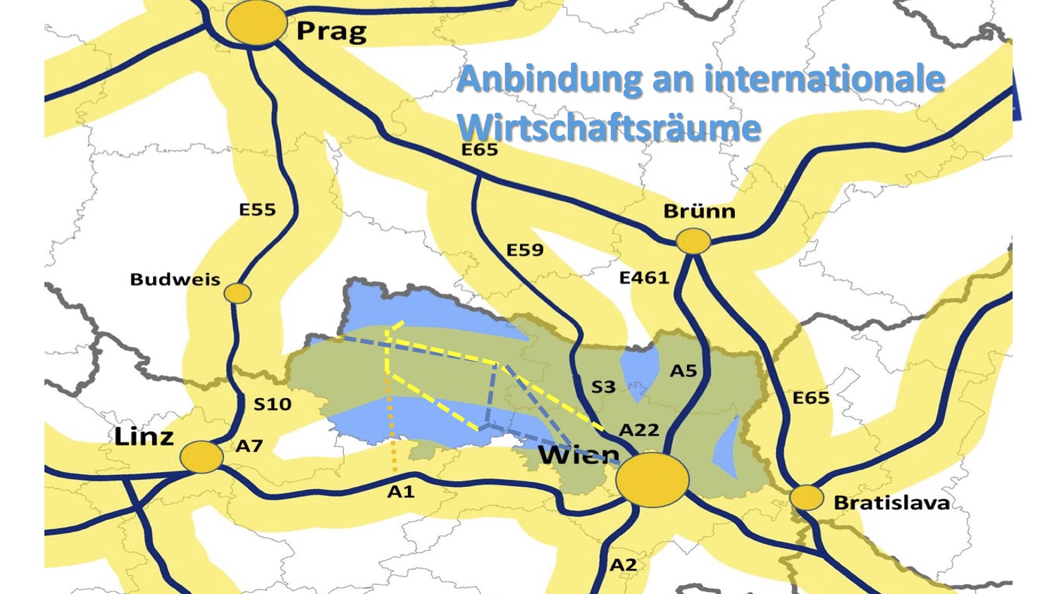 Anbindung an internationale Wirtschaftsräume: Der geplante Korridor der Europaspange ist gelb eingezeichnet und führt von der S 3 zur S 10. Ebenfalls in Gelb eingezeichnet sind die bestehenden Hauptachsen ins Waldviertel. Diese sollen weiter ausgebaut werden. In Blau eingezeichnet sind die Zugstrecken der Franz Josefs-Bahn und der Kamptalbahn. Gemeinsam mit dem Regionalverband hat sich das Land darauf verständigt, den Ausbau des öffentlichen Verkehrs weiter voranzutreiben. In Orange angedeutet ist jene Verbindung zwischen Zwettl über Pöggstall bis zur A 1, deren Ausbau überprüft werden soll. <small> (Bildquelle: zVg.)</small>