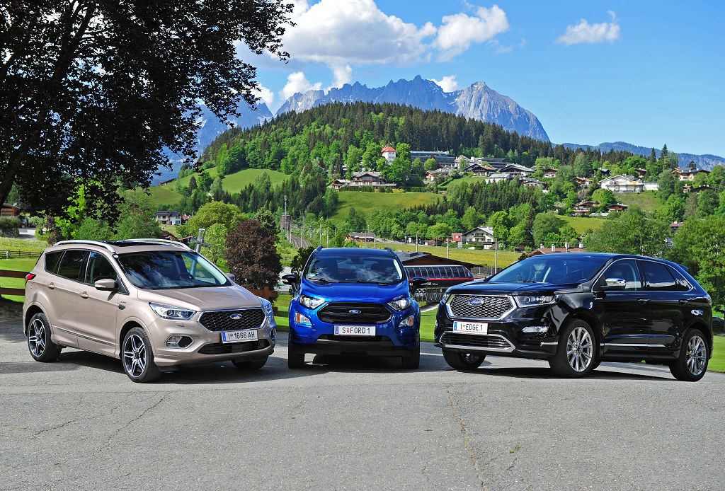 Die Ford SUV-Allradmodelle auf einem Blick. Im Bild von links nach rechts: Kuga, EcoSport und Edge <small> (Bildquelle: Ford)</small>