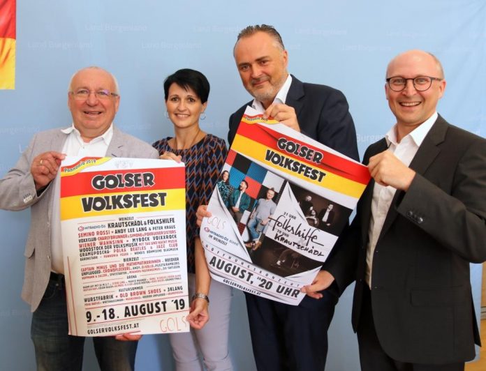 (v.l.n.r.): Der Golser Bürgermeister Hans Schrammel, Organisatorin Manuela Leitner, Landeshauptmann Hans Peter Doskozil und Organisator Dieter Horvath (Bildquelle: Landesmedienservice Nina-Maria Sorger) Golser Volksfest: Wo die Messe zum Fest wird