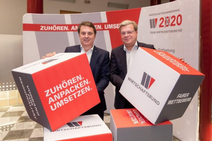 (v.l.n.r.): Wirtschaftsbund NÖ Landesgruppen-Obmann Wolfgang Ecker und WB-Direktor Harald Servus starten in den Wahlkampf zur Wirtschafskammerwahl 2020 (Bildquelle: WBNÖ / Gerald Lechner) (v.l.n.r.): Wirtschaftsbund NÖ Landesgruppen-Obmann Wolfgang Ecker und WB-Direktor Harald Servus starten in den Wahlkampf zur Wirtschafskammerwahl 2020