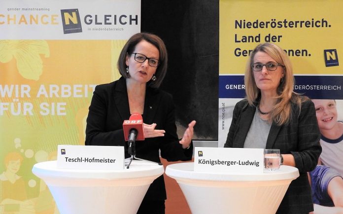 (v.l.n.r.): Landesrätin Christiane Teschl-Hofmeister und Landesrätin Königsberger-Ludwig bei der Pressekonferenz in St. Pölten (Bildquelle: Thomas Resch) Initiative gegen Gewalt an Frauen