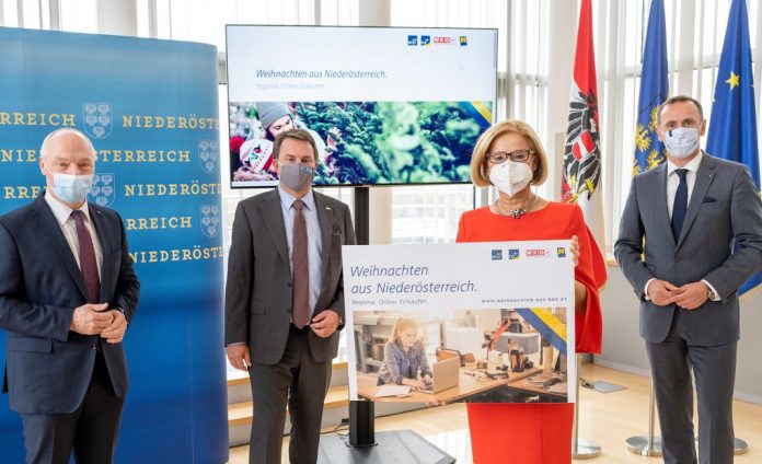 (v.l.n.r.): ecoplus Geschäftsführer Helmut Miernicki, Wirtschaftskammer NÖ-Präsident Wolfgang Ecker, Landeshauptfrau Johanna Mikl-Leitner und Wirtschaftslandesrat Jochen Danninger präsentieren die neue Online-Plattform „Weihnachten aus Niederösterreich“ (Bildquelle: NLK/Filzwieser) (v.l.n.r.): ecoplus Geschäftsführer Helmut Miernicki, Wirtschaftskammer NÖ-Präsident Wolfgang Ecker, Landeshauptfrau Johanna Mikl-Leitner und Wirtschaftslandesrat Jochen Danninger präsentieren die neue Online-Plattform „Weihnachten aus Niederösterreich“ (Bildquelle: NLK/Filzwieser)