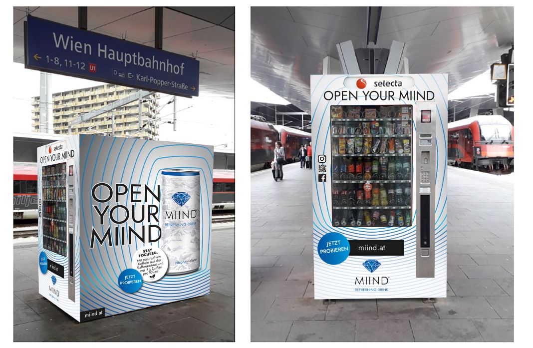 Das neue Selecta-Automat-Fullbranding von MIIND am Hauptbahnhof Wien (Bildquelle: MIIND / Cayenne)