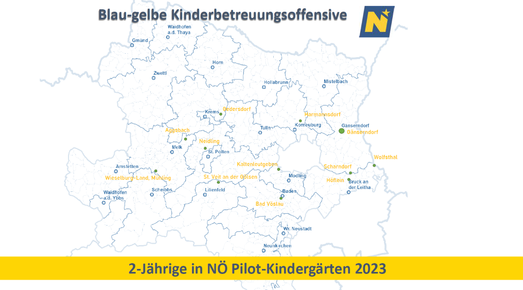 Eine Übersicht der NÖ Pilotkindergärten. In Gänserndorf nehmen 5 Kindergärten als Piloten teil. Mit weiteren Gemeinden ist die Fachabteilung des Landes NÖ noch in Abstimmung. <small>(Grafik: Land NÖ)</small>