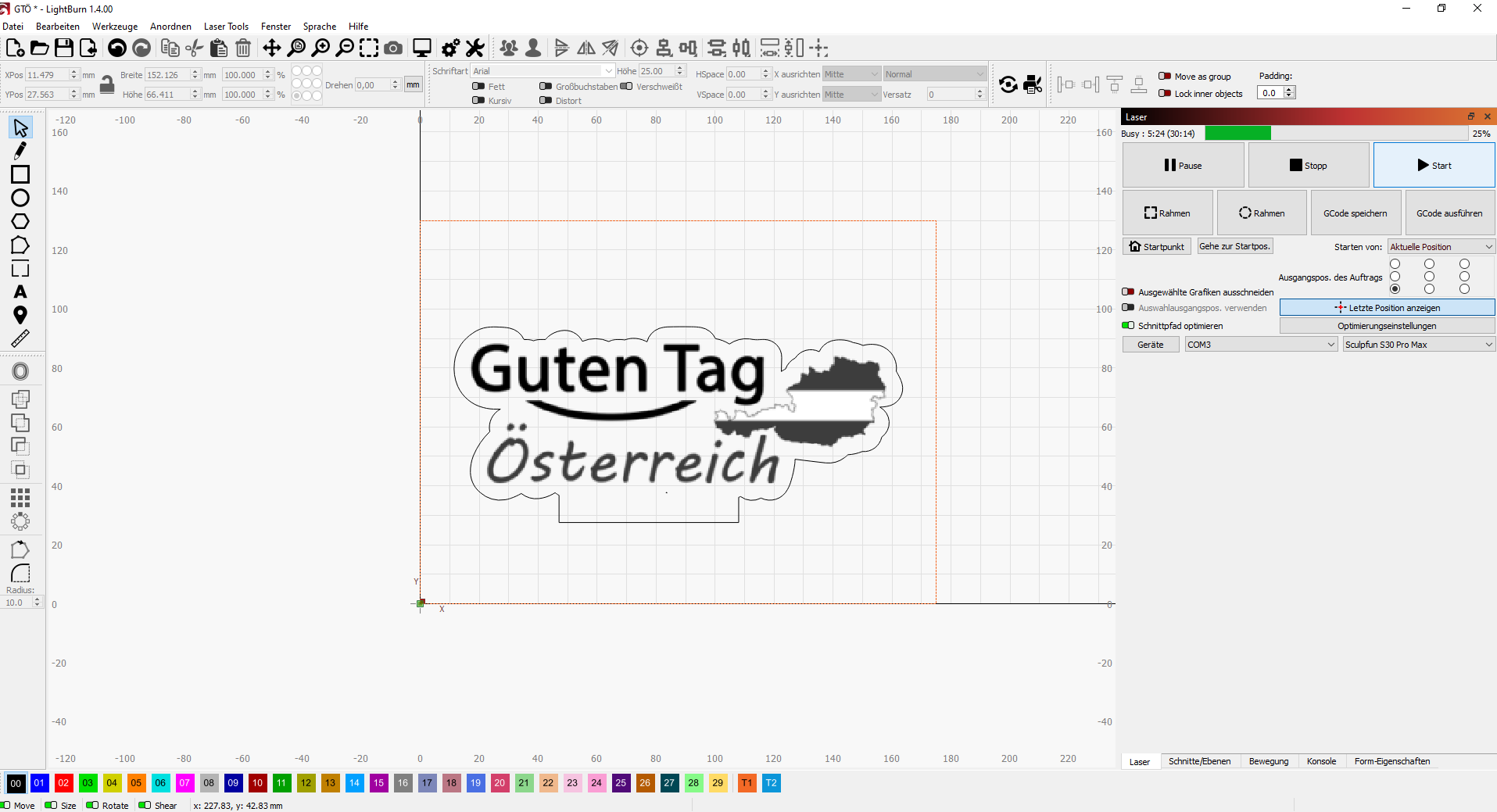 Testprojekt Kieferplatte mit unserem Guten Tag Österreich Logo: 25 Schneidedurchgänge mit 100% Leistung auf einer 6,6 mm dicken Kieferleimholz Platte