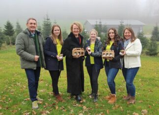 Fachschule Pyhra: Juniorfirma präsentiert „senf.liebe“ (v.l.n.r.): Direktor Josef Sieder, Schülerin Laura Dirnberger, Bildungs-Landesrätin Christiane Teschl-Hofmeister, Schülerin Anna Hubmayr, Schülerin Hannah Themeßl und Abteilungsvorständin Gabriele Roitner-Blamauer mit den selbst erzeugten Senfvariationen (Bildquelle: Michael Postl)