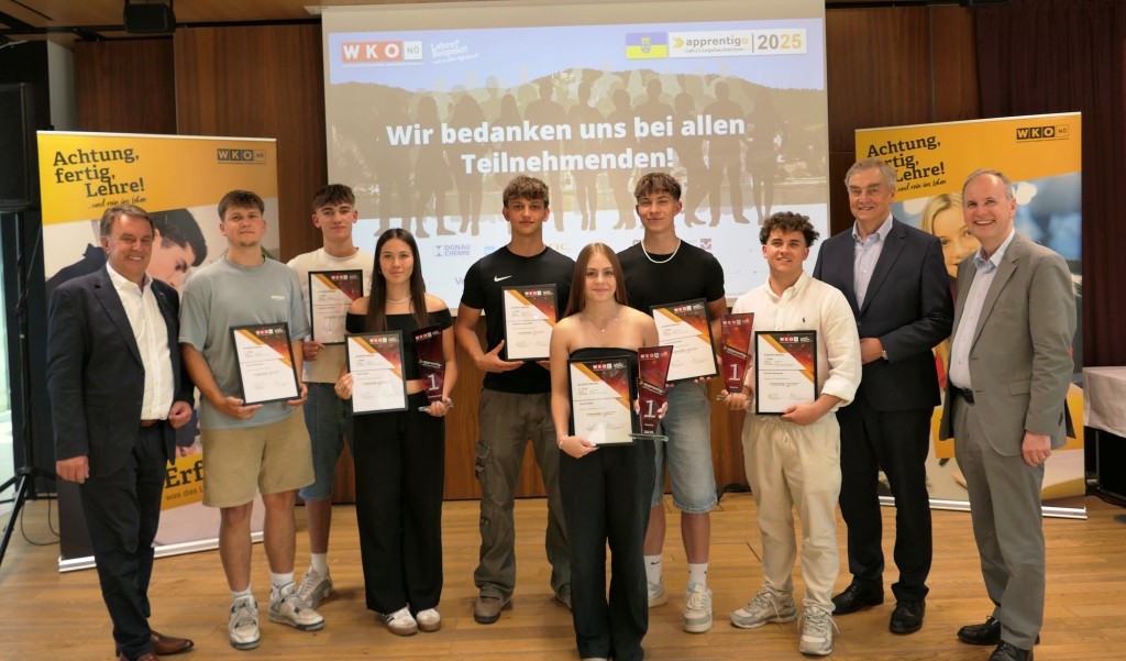 (v.l.n.r.): WKNÖ-Präsident Wolfgang Ecker, die Gewinner in der Kategorie Professionals, Jonas Salzmann, Jonathan Stadler und Rana Nilam (Welser Profile), die Gewinner in der Kategorie Rookies, Sebastian Dienstbier, Tamika Radl und Julian Bramreiter (Welser Profile), der Gewinner in der Kategorie Experts, Florian Gausterer (IMC Hochschule für Angewandte Wissenschaften Krems GmbH) sowie die WKNÖ-Vizepräsidenten Christian Moser und Erich Moser (Foto: Thomas Resch)