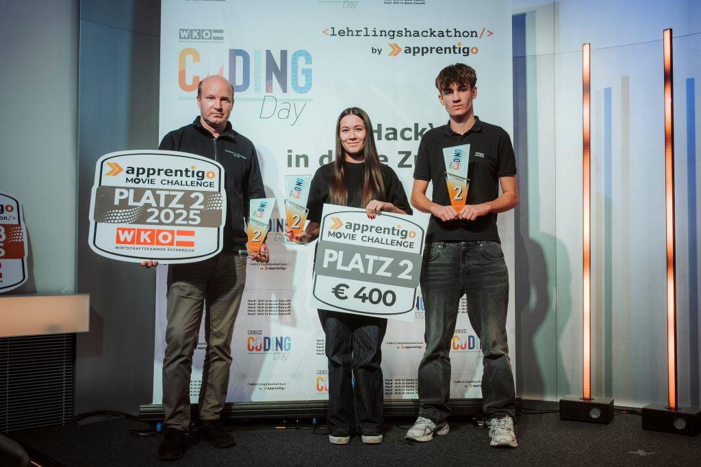 Platz 2 in der Kategorie „Movie Star“ (v.l.n.r): Lehrlingsausbilder Stefan Buxhofer, Nilam Rana und Jonathan Stadler