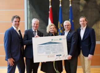 Leistungsangebot NÖ Gesundheitsklinik Gmünd: Vorzeigeprojekt geht in Umsetzung (v.l.n.r.): Vorsitzender des ÖGK Landesstellenausschusses Florian Hengl, Landesrat Anton Kasser, Vorständin der NÖ Landesgesundheitsagentur Elisabeth Bräutigam, Landesrat Martin Antauer und NÖGUS Geschäftsführer Volker Knestel