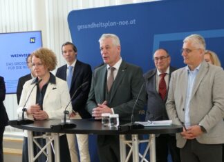 Gesundheitsplan 2040+: In Stockerau entsteht ein neues Klinikum Landesrätin Christiane Teschl-Hofmeister, Landesrat Anton Kasser und Landesrat Martin Antauer präsentierten mit den Expertinnen und Experten den neuen Klinikstandort Stockerau (Foto: Thomas Resch)