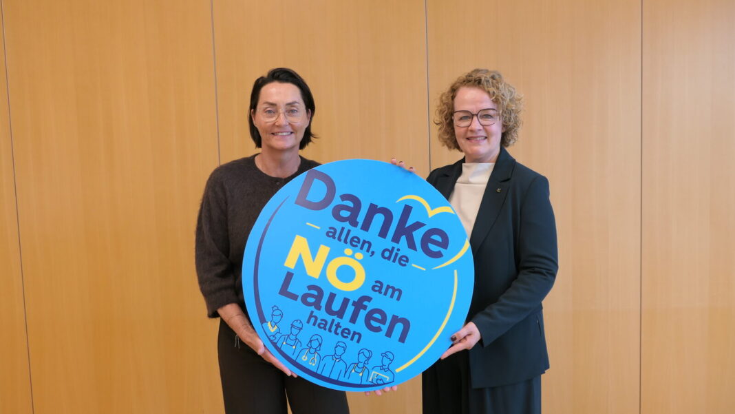(v.l.n.r.): NÖAAB-Landesgeschäftsführerin Katja Seitner und NÖAAB-Landesobfrau Christiane Teschl-Hofmeister präsentieren die neue Kampagne „Wir halten NÖ am Laufen“