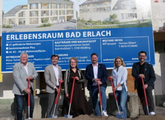 WETgruppe errichtet barrierefreie Seniorenwohnungen in Bad Erlach (v.l.n.r.): Vizebürgermeister Harald Wrede, WET-Geschäftsführer Christian Rädler, Wohnbau-Landesrätin Christiane Teschl-Hofmeister, Mater Salvatoris-Geschäftsführer Christian Gmeiner, Bürgermeisterin Bärbel Stockinger und Mater Salvatoris-Geschäftsführer Günther Schranz beim Spatenstich in Bad Erlach
