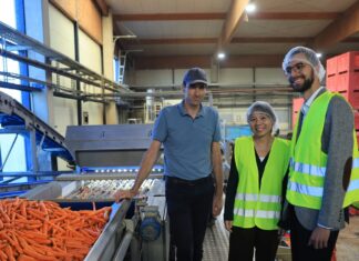 LIQON und EOM planen Energieanlage aus Bioabfällen im Marchfeld Raffael Winkler und Mei Shibata bei Kooperationspartner Erzeugerorganisation Marchfeldgemüse, Herbert Bucher